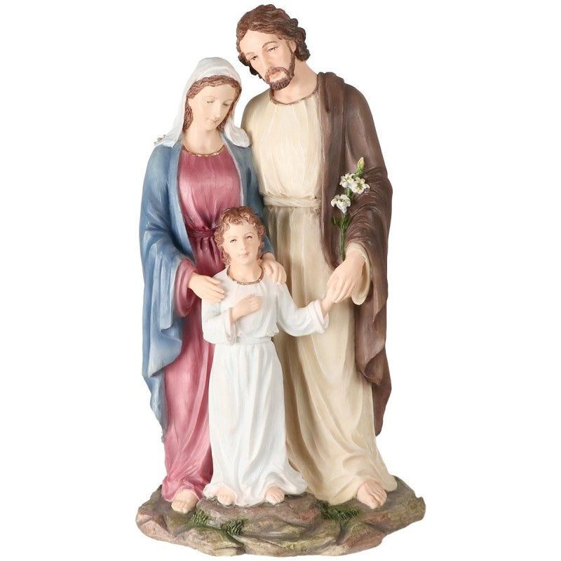 Statue de la Sainte Famille en polystone polychrome, peinte à la main, hauteur 25 cm.