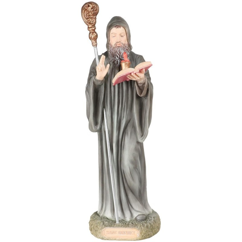 Statue de saint Benoît en polystone polychrome, peinte à la main, hauteur 23 cm.