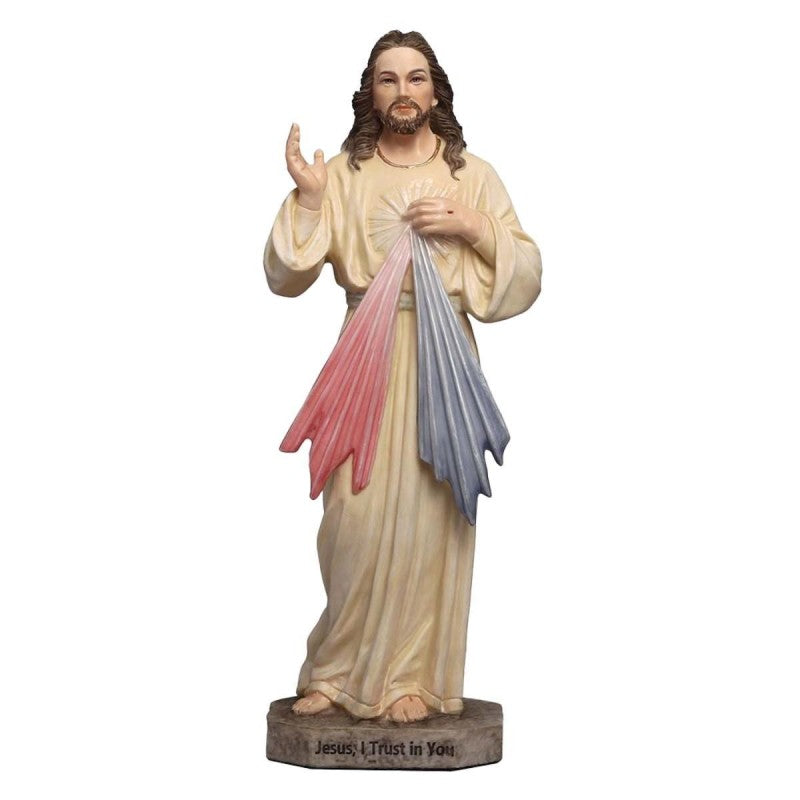 Statue du Christ Miséricordieux en polystone polychrome, peinte à la main, hauteur 21 cm.