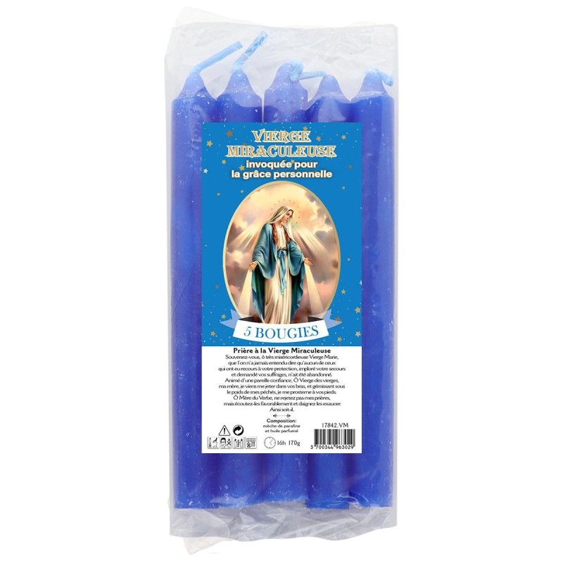 Lot de 5 bougies bleue teintees dans la masse avec la Vierge Miraculeuse. Hauteur 15 cm Ø 1.50 cm