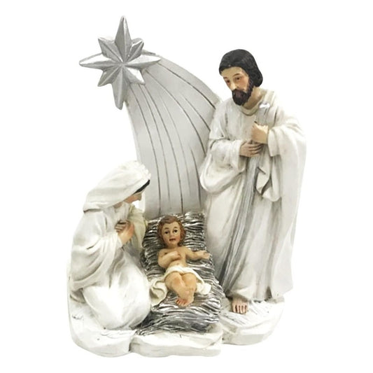 Nativité en résine beige et argentée décor étoile H. 12.5 cm.